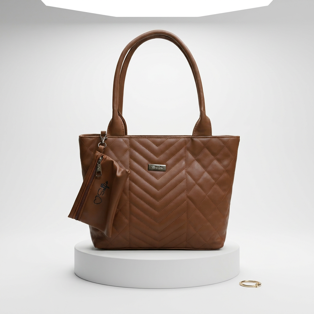 DP Dada Premium Brown Quilted Tote Bag with Pouch | Stylish Shoulder Bag for Women