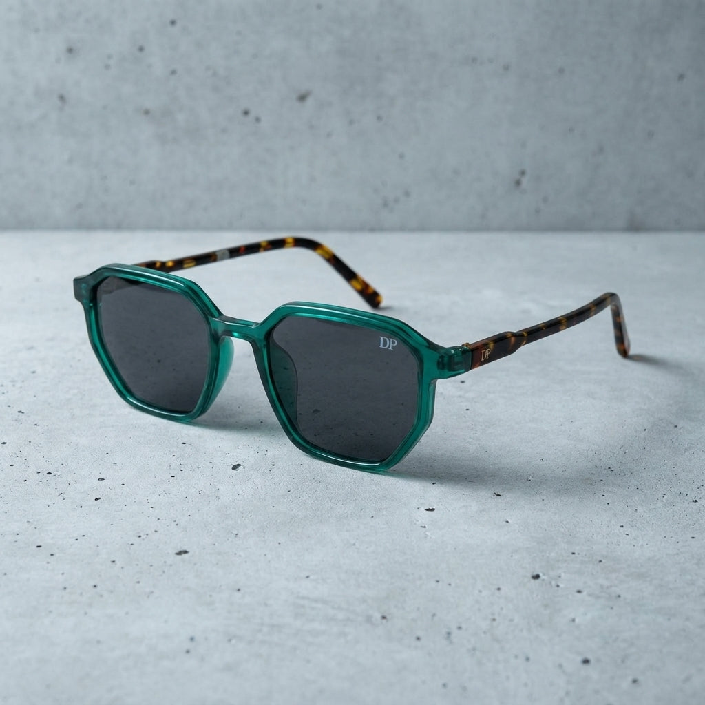 DP Dada Dot Com Green Transparent Geometric Square Sunglasses for Men & Women | Stylish Tortoiseshell Temple Shades