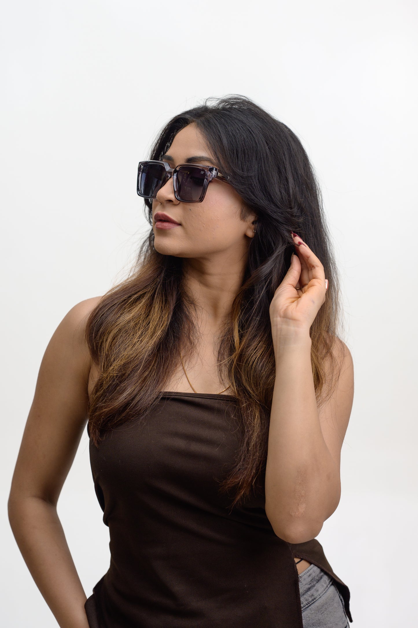 DP Dada Dot Com Crystal Grey Square Sunglasses 9830  with Blue Gradient Lenses for Men & Women | Transparent Frame Premium Shades