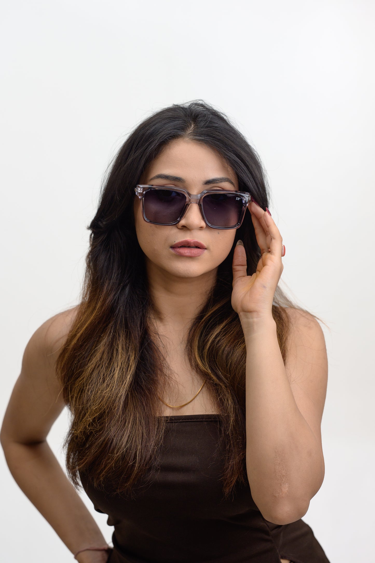 DP Dada Dot Com Crystal Grey Square Sunglasses 9830  with Blue Gradient Lenses for Men & Women | Transparent Frame Premium Shades
