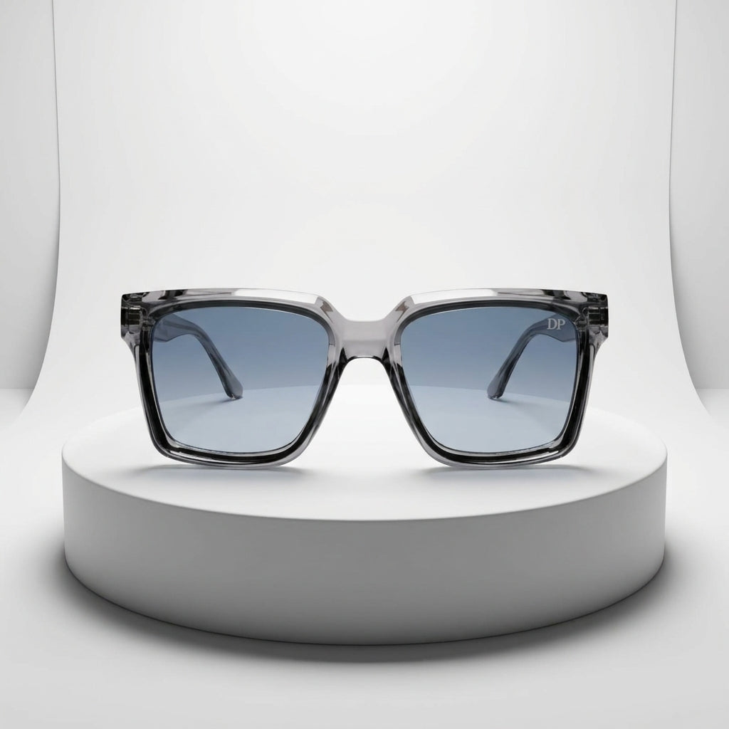 DP Dada Dot Com Crystal Grey Square Sunglasses 9830  with Blue Gradient Lenses for Men & Women | Transparent Frame Premium Shades