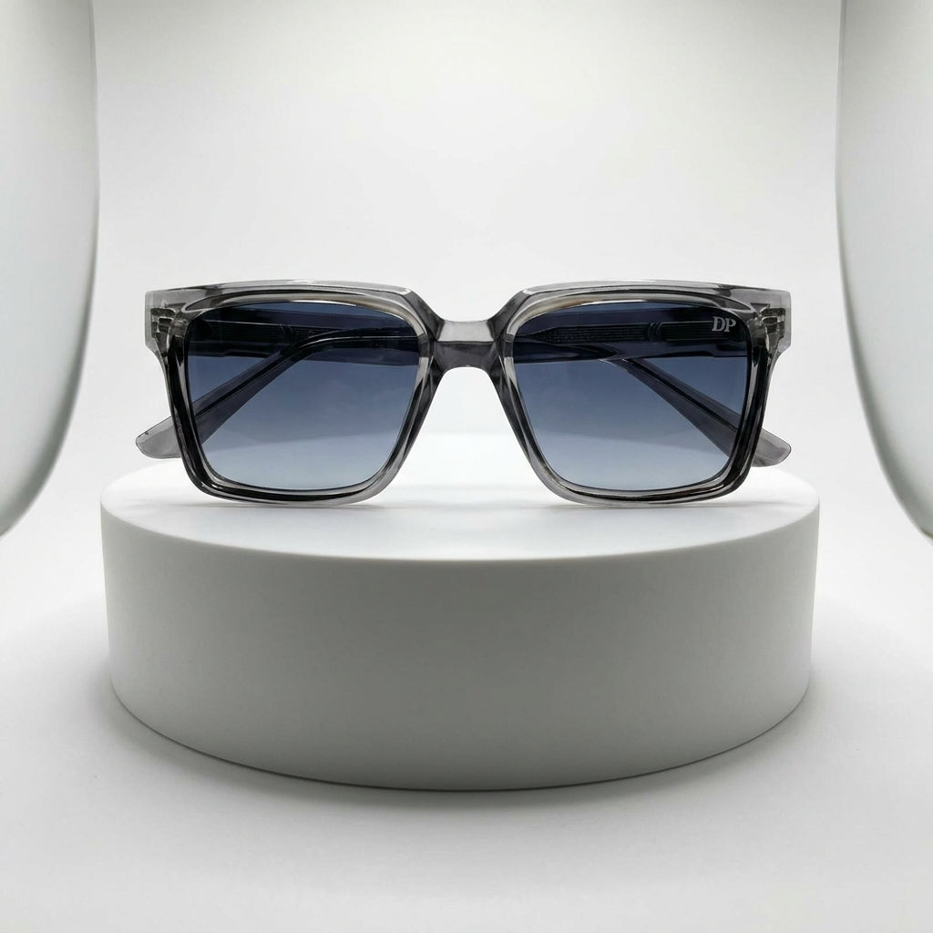 DP Dada Dot Com Crystal Grey Square Sunglasses 9830  with Blue Gradient Lenses for Men & Women | Transparent Frame Premium Shades